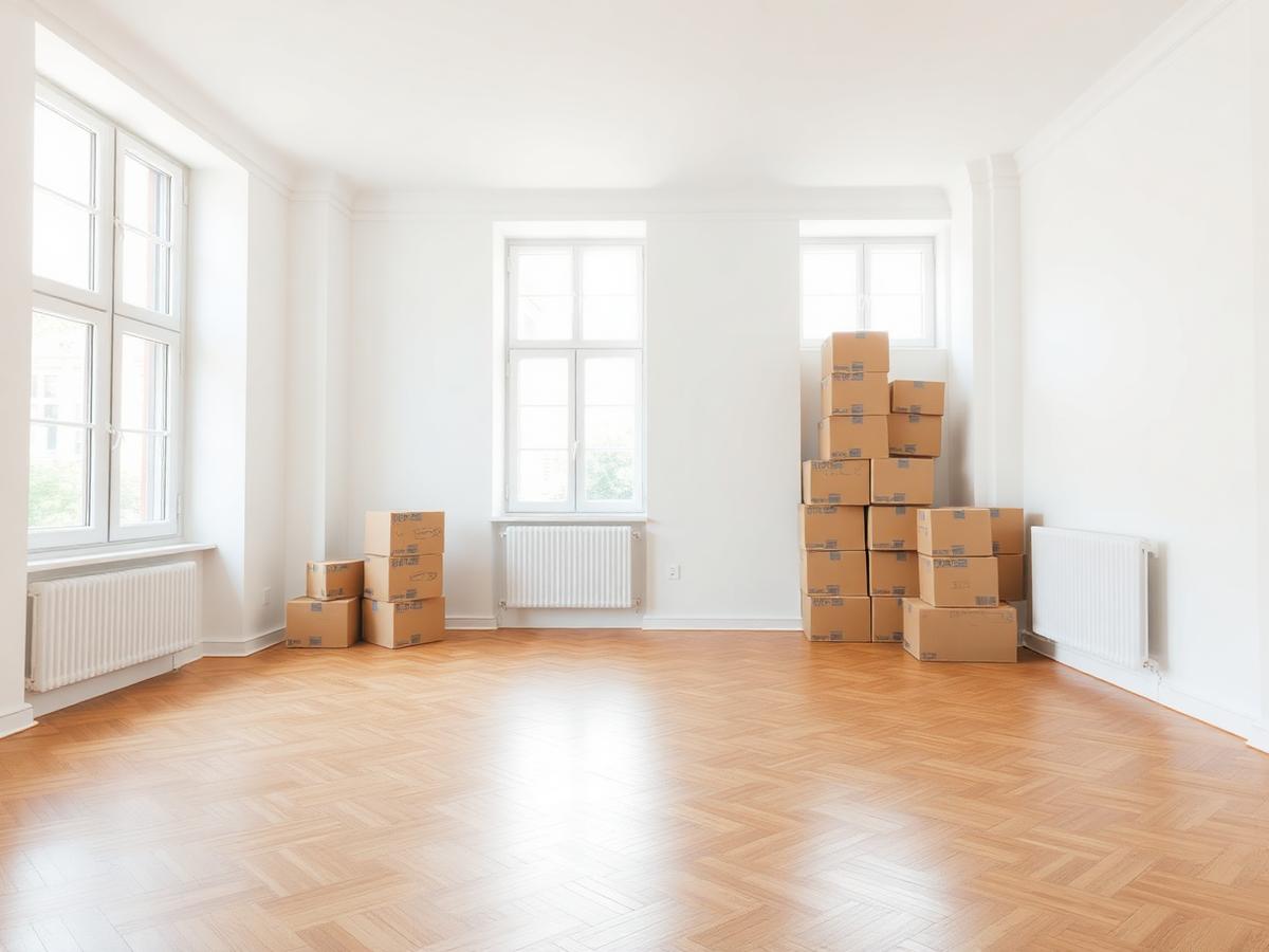 Helle, leergeräumte Wohnung mit Umzugskartons nach der Reinigung